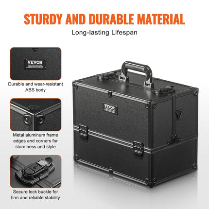 Makeup Train Case 370MM Large Portable Cosmetic Case, 6 Tier Trays Professional Makeup Storage Organizer Box Make Up Carrier with Handle And Strap Travel Case for Women and Girls - Black.