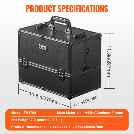 Makeup Train Case 370MM Large Portable Cosmetic Case, 6 Tier Trays Professional Makeup Storage Organizer Box Make Up Carrier with Handle And Strap Travel Case for Women and Girls - Black.
