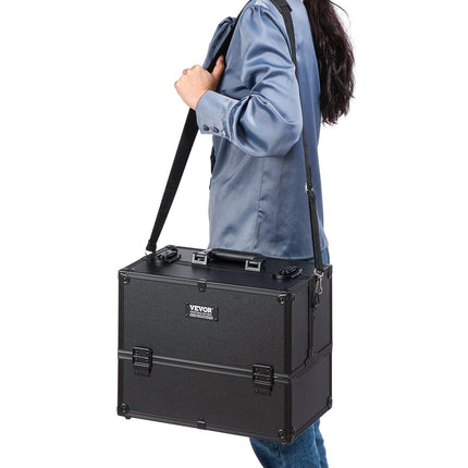 Makeup Train Case 370MM Large Portable Cosmetic Case, 6 Tier Trays Professional Makeup Storage Organizer Box Make Up Carrier with Handle And Strap Travel Case for Women and Girls - Black.