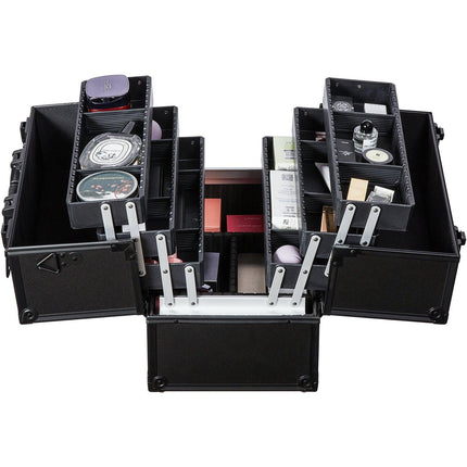 Makeup Train Case 370MM Large Portable Cosmetic Case, 6 Tier Trays Professional Makeup Storage Organizer Box Make Up Carrier with Handle And Strap Travel Case for Women and Girls - Black.