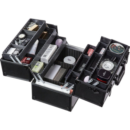 Makeup Train Case 370MM Large Portable Cosmetic Case, 6 Tier Trays Professional Makeup Storage Organizer Box Make Up Carrier with Handle And Strap Travel Case for Women and Girls - Black.
