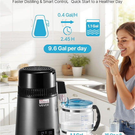 Water Distiller, 4L 1.1 Gallon Pure Water Purifier Filter For Home Table Countertop, 1750W Distilled Maker with Glass Pot, Stainless Steel Interior Drinking Machine to Make Clean Waters, Grey.