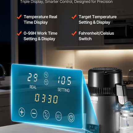 Water Distiller, 4L 1.1 Gallon Pure Water Purifier Filter For Home Table Countertop, 1750W Distilled Maker with Glass Pot, Stainless Steel Interior Drinking Machine to Make Clean Waters, Grey.