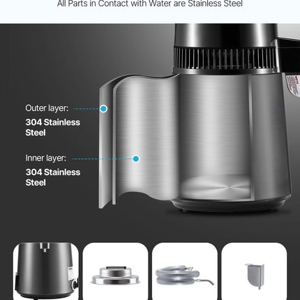Water Distiller, 4L 1.1 Gallon Pure Water Purifier Filter For Home Table Countertop, 1750W Distilled Maker with Glass Pot, Stainless Steel Interior Drinking Machine to Make Clean Waters, Grey.