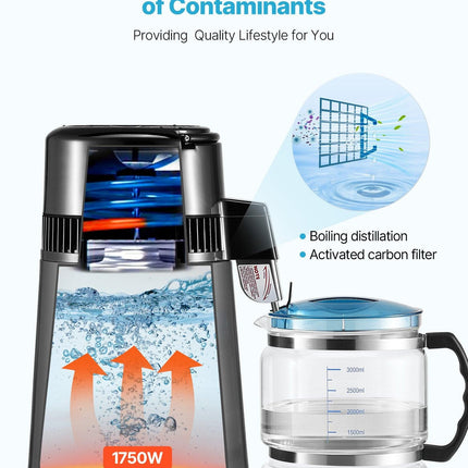 Water Distiller, 4L 1.1 Gallon Pure Water Purifier Filter For Home Table Countertop, 1750W Distilled Maker with Glass Pot, Stainless Steel Interior Drinking Machine to Make Clean Waters, Grey.