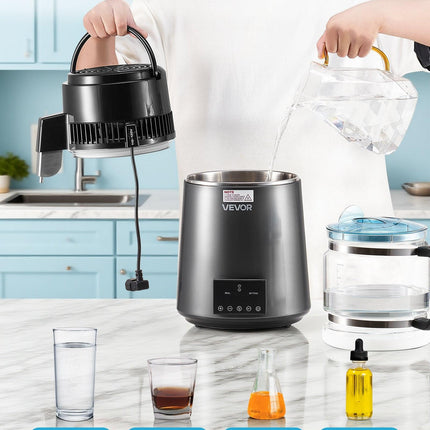 Water Distiller, 4L 1.1 Gallon Pure Water Purifier Filter For Home Table Countertop, 1750W Distilled Maker with Glass Pot, Stainless Steel Interior Drinking Machine to Make Clean Waters, Grey.
