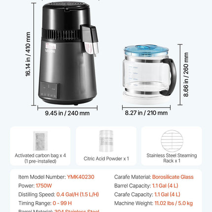 Water Distiller, 4L 1.1 Gallon Pure Water Purifier Filter For Home Table Countertop, 1750W Distilled Maker with Glass Pot, Stainless Steel Interior Drinking Machine to Make Clean Waters, Grey.