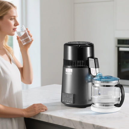 Water Distiller, 4L 1.1 Gallon Pure Water Purifier Filter For Home Table Countertop, 1750W Distilled Maker with Glass Pot, Stainless Steel Interior Drinking Machine to Make Clean Waters, Grey.