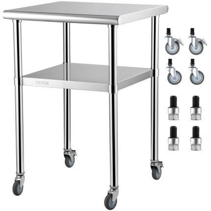 Stainless Steel Prep Table, 61 x 61 x 91.4 cm, 600lbs Load Capacity Heavy Duty Metal Worktable with Adjustable Undershelf & Universal Wheels, Commercial Workstation for Kitchen Garage Backyard.