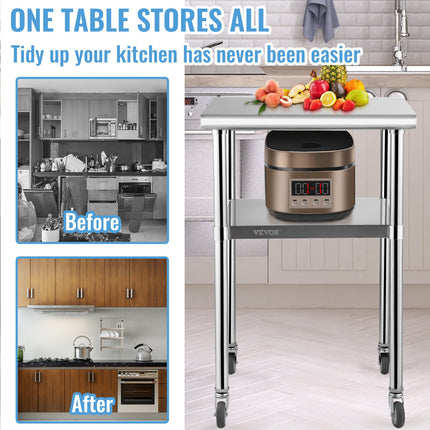 Stainless Steel Prep Table, 61 x 61 x 91.4 cm, 600lbs Load Capacity Heavy Duty Metal Worktable with Adjustable Undershelf & Universal Wheels, Commercial Workstation for Kitchen Garage Backyard.