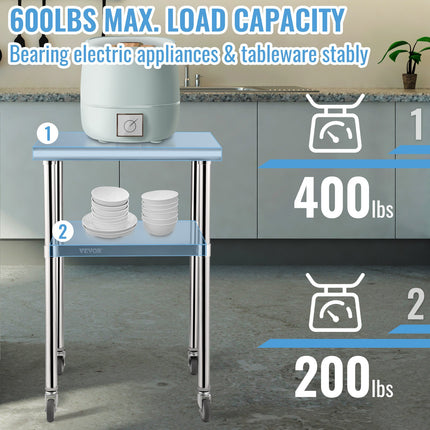 Stainless Steel Prep Table, 61 x 61 x 91.4 cm, 600lbs Load Capacity Heavy Duty Metal Worktable with Adjustable Undershelf & Universal Wheels, Commercial Workstation for Kitchen Garage Backyard.