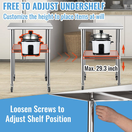 Stainless Steel Prep Table, 61 x 61 x 91.4 cm, 600lbs Load Capacity Heavy Duty Metal Worktable with Adjustable Undershelf & Universal Wheels, Commercial Workstation for Kitchen Garage Backyard.