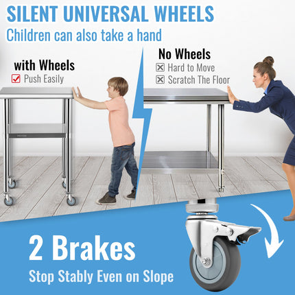 Stainless Steel Prep Table, 61 x 61 x 91.4 cm, 600lbs Load Capacity Heavy Duty Metal Worktable with Adjustable Undershelf & Universal Wheels, Commercial Workstation for Kitchen Garage Backyard.