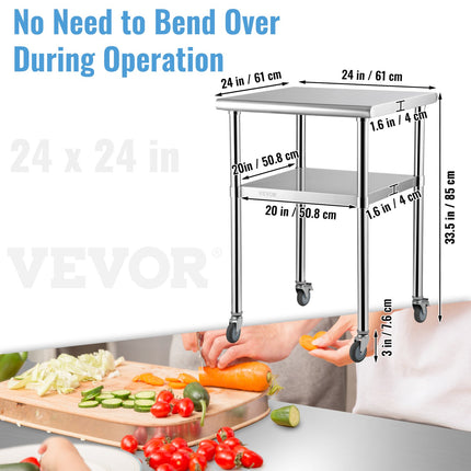 Stainless Steel Prep Table, 61 x 61 x 91.4 cm, 600lbs Load Capacity Heavy Duty Metal Worktable with Adjustable Undershelf & Universal Wheels, Commercial Workstation for Kitchen Garage Backyard.