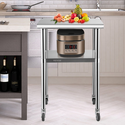 Stainless Steel Prep Table, 61 x 61 x 91.4 cm, 600lbs Load Capacity Heavy Duty Metal Worktable with Adjustable Undershelf & Universal Wheels, Commercial Workstation for Kitchen Garage Backyard.