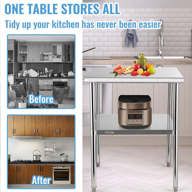 VEVOR Stainless Steel Work Prep Table Commercial Food Prep Table 30x30x36in.
