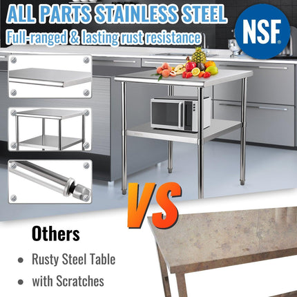 VEVOR Stainless Steel Work Prep Table Commercial Food Prep Table 30x30x36in.