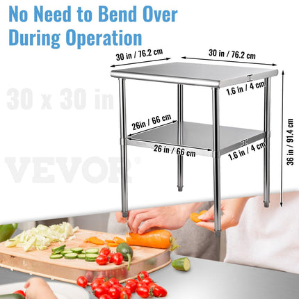 VEVOR Stainless Steel Work Prep Table Commercial Food Prep Table 30x30x36in.