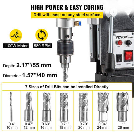 Magnetic Drill, 1100W 1.57" Boring Diameter, 2697lbf/12000N Portable Electric Mag Drill Press with 7 Bits, 580 RPM Max Speed Drilling Machine for any Surface and Home Improvement.