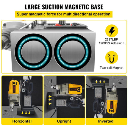Magnetic Drill, 1100W 1.57" Boring Diameter, 2697lbf/12000N Portable Electric Mag Drill Press with 7 Bits, 580 RPM Max Speed Drilling Machine for any Surface and Home Improvement.