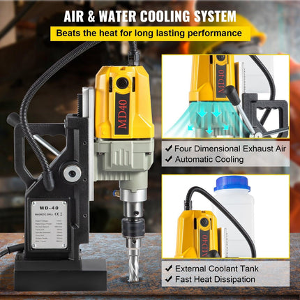 Magnetic Drill, 1100W 1.57" Boring Diameter, 2697lbf/12000N Portable Electric Mag Drill Press with 7 Bits, 580 RPM Max Speed Drilling Machine for any Surface and Home Improvement.
