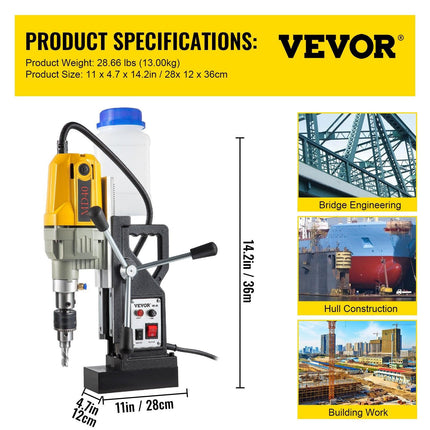 Magnetic Drill, 1100W 1.57" Boring Diameter, 2697lbf/12000N Portable Electric Mag Drill Press with 7 Bits, 580 RPM Max Speed Drilling Machine for any Surface and Home Improvement.