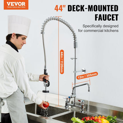 VEVOR Commercial Faucet with Pre-Rinse Sprayer, 44" Height, 8" Center, 12" Swing Spout, Deck Mount Kitchen Sink Faucet, Brass Constructed Device with Pull Down Spray, for 1/2/3 Compartment Sink.