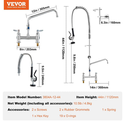 VEVOR Commercial Faucet with Pre-Rinse Sprayer, 44" Height, 8" Center, 12" Swing Spout, Deck Mount Kitchen Sink Faucet, Brass Constructed Device with Pull Down Spray, for 1/2/3 Compartment Sink.