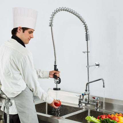 VEVOR Commercial Faucet with Pre-Rinse Sprayer, 44" Height, 8" Center, 12" Swing Spout, Deck Mount Kitchen Sink Faucet, Brass Constructed Device with Pull Down Spray, for 1/2/3 Compartment Sink.