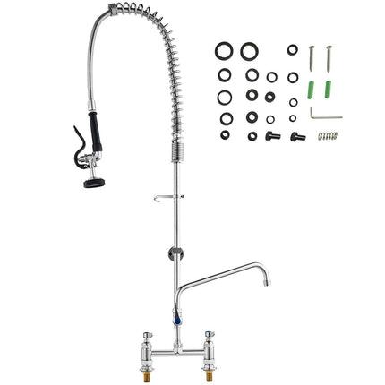 VEVOR Commercial Faucet with Pre-Rinse Sprayer, 44" Height, 8" Center, 12" Swing Spout, Deck Mount Kitchen Sink Faucet, Brass Constructed Device with Pull Down Spray, for 1/2/3 Compartment Sink.
