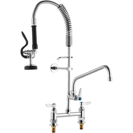 Commercial Faucet with Pre-Rinse Sprayer, 26" Height, 8" Center, 12" Swing Spout, Deck Mount Kitchen Sink Faucet, Brass Constructed Device with Pull Down Spray, for 1/2/3 Compartment Sink.