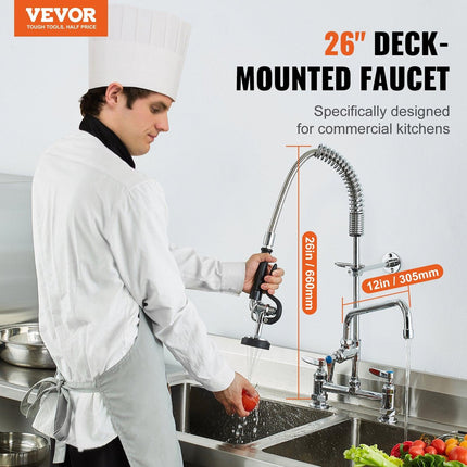 Commercial Faucet with Pre-Rinse Sprayer, 26" Height, 8" Center, 12" Swing Spout, Deck Mount Kitchen Sink Faucet, Brass Constructed Device with Pull Down Spray, for 1/2/3 Compartment Sink.