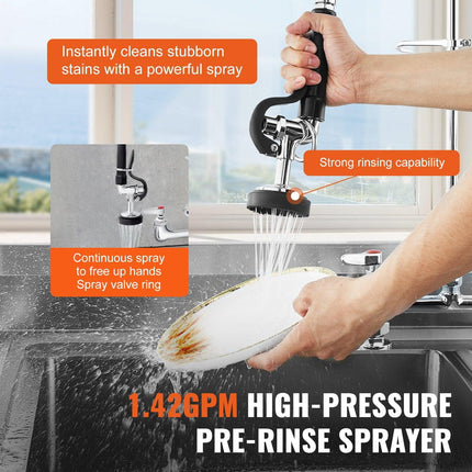 Commercial Faucet with Pre-Rinse Sprayer, 26" Height, 8" Center, 12" Swing Spout, Deck Mount Kitchen Sink Faucet, Brass Constructed Device with Pull Down Spray, for 1/2/3 Compartment Sink.