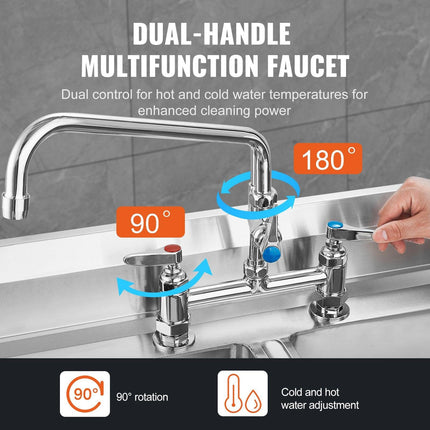 Commercial Faucet with Pre-Rinse Sprayer, 26" Height, 8" Center, 12" Swing Spout, Deck Mount Kitchen Sink Faucet, Brass Constructed Device with Pull Down Spray, for 1/2/3 Compartment Sink.