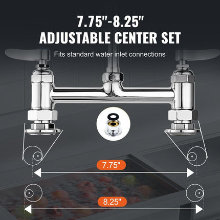 Commercial Faucet with Pre-Rinse Sprayer, 26" Height, 8" Center, 12" Swing Spout, Deck Mount Kitchen Sink Faucet, Brass Constructed Device with Pull Down Spray, for 1/2/3 Compartment Sink.