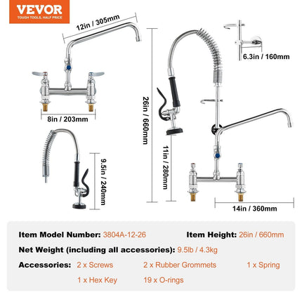 Commercial Faucet with Pre-Rinse Sprayer, 26" Height, 8" Center, 12" Swing Spout, Deck Mount Kitchen Sink Faucet, Brass Constructed Device with Pull Down Spray, for 1/2/3 Compartment Sink.