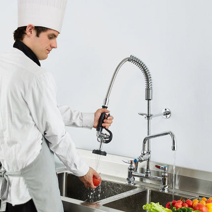 Commercial Faucet with Pre-Rinse Sprayer, 26" Height, 8" Center, 12" Swing Spout, Deck Mount Kitchen Sink Faucet, Brass Constructed Device with Pull Down Spray, for 1/2/3 Compartment Sink.