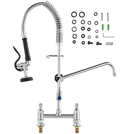 Commercial Faucet with Pre-Rinse Sprayer, 26" Height, 8" Center, 12" Swing Spout, Deck Mount Kitchen Sink Faucet, Brass Constructed Device with Pull Down Spray, for 1/2/3 Compartment Sink.