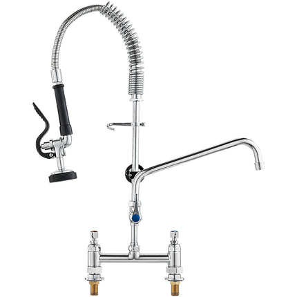 Commercial Faucet with Pre-Rinse Sprayer, 26" Height, 8" Center, 12" Swing Spout, Deck Mount Kitchen Sink Faucet, Brass Constructed Device with Pull Down Spray, for 1/2/3 Compartment Sink.