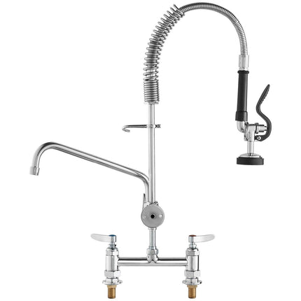 Commercial Faucet with Pre-Rinse Sprayer, 26" Height, 8" Center, 12" Swing Spout, Deck Mount Kitchen Sink Faucet, Brass Constructed Device with Pull Down Spray, for 1/2/3 Compartment Sink.