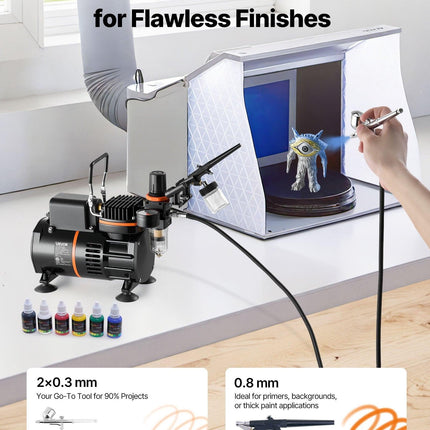 Airbrush Kit, 1/6 HP, Air Brush Kit with Air Compressor, 3 Dual-Action Professional Airbrushes with 3 Tips, Hose, Acrylic Paint, 2 Fans, Low Noise, for Cake Decorating, Model Painting, Nail Art.