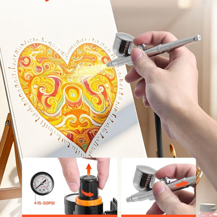 Airbrush Kit, 1/6 HP, Air Brush Kit with Air Compressor, 3 Dual-Action Professional Airbrushes with 3 Tips, Hose, Acrylic Paint, 2 Fans, Low Noise, for Cake Decorating, Model Painting, Nail Art.