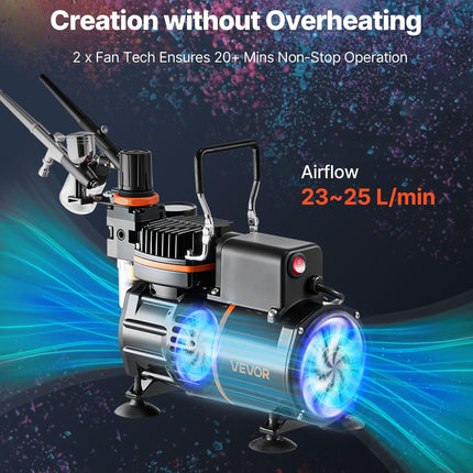 Airbrush Kit, 1/6 HP, Air Brush Kit with Air Compressor, 3 Dual-Action Professional Airbrushes with 3 Tips, Hose, Acrylic Paint, 2 Fans, Low Noise, for Cake Decorating, Model Painting, Nail Art.