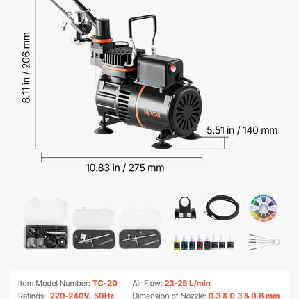 Airbrush Kit, 1/6 HP, Air Brush Kit with Air Compressor, 3 Dual-Action Professional Airbrushes with 3 Tips, Hose, Acrylic Paint, 2 Fans, Low Noise, for Cake Decorating, Model Painting, Nail Art.