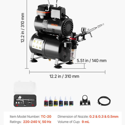 Airbrush Kit Air Brush Kit 1/6 HP Air Compressor Tank 1 Airbrush 3 Tips.