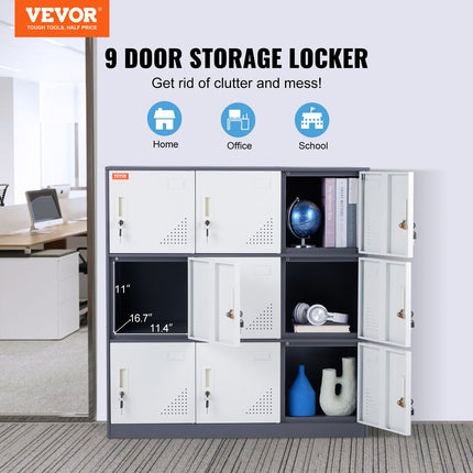 9 Doors Metal Storage Cabinet Employees Steel Storage Cabinet Office Gray.