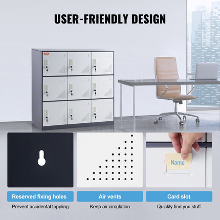 9 Doors Metal Storage Cabinet Employees Steel Storage Cabinet Office Gray.