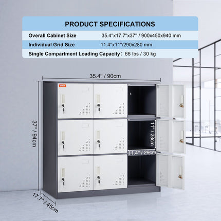 9 Doors Metal Storage Cabinet Employees Steel Storage Cabinet Office Gray.