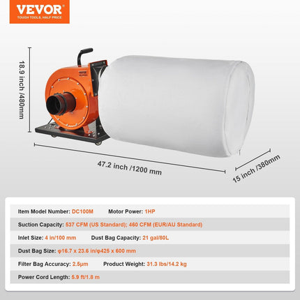 Dust Collector, 1HP 460 CFM Air Flow, Rolling Dust Collector with 80L Large Dust Collection Bag, 2.5 Micron Bag Filtration, Industrial Workshop Mobile Wood Dust Container with Handle and Wheels.