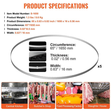 Band Saw Blade, 1650*16*0.56mm, 5 PCS/Pack Meat Bandsaw Blades for Replacement, Carbon Steel Blade, Meat Cutting Blade Wrapped by Rust-Proof Paper, Fit for Commercial Bone Saw Machines.